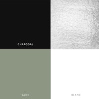 a color palette of black, white, gray, and silver